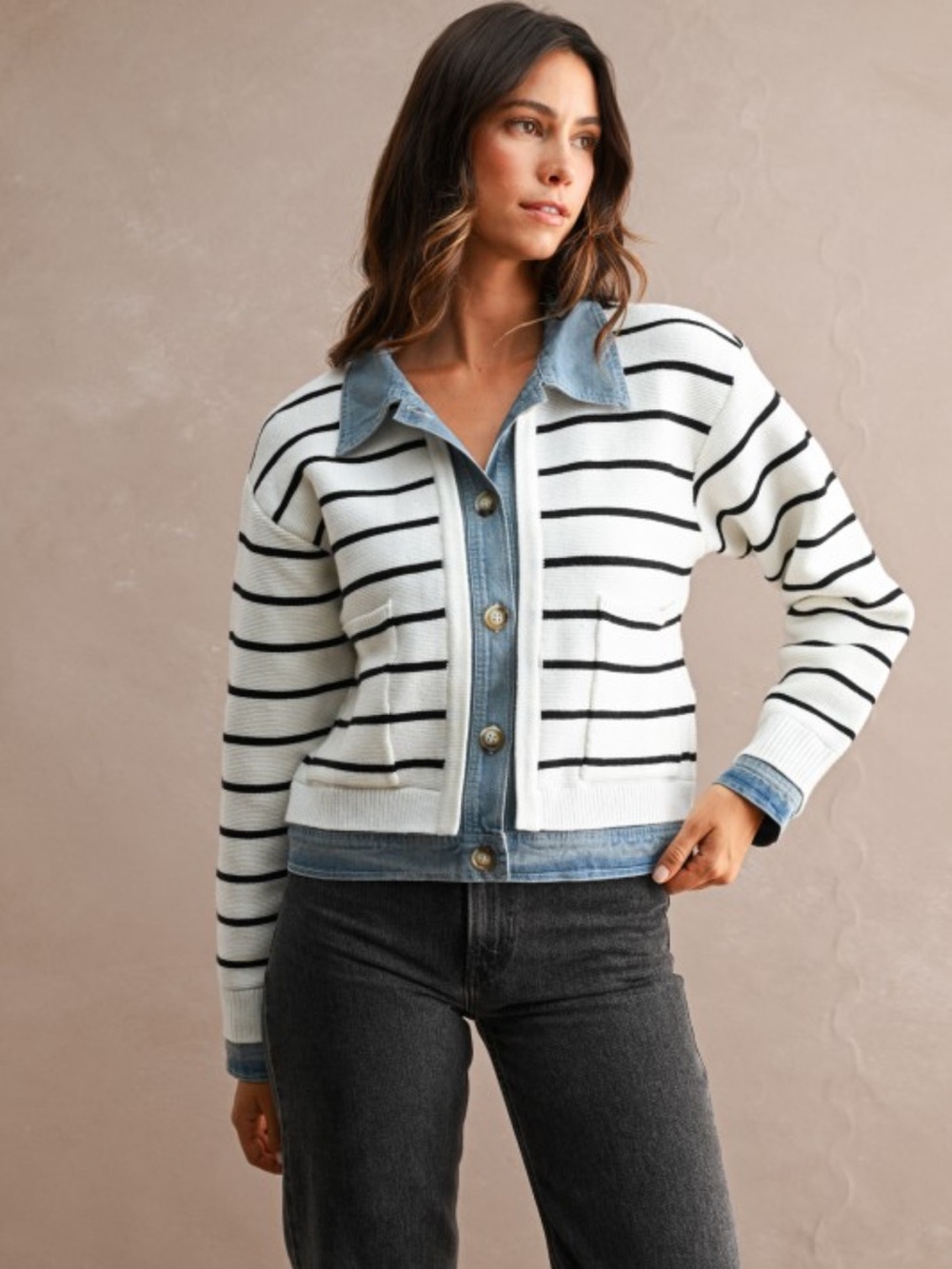 A578.Mable Striped White & Black Knit Jacket with Denim Trim